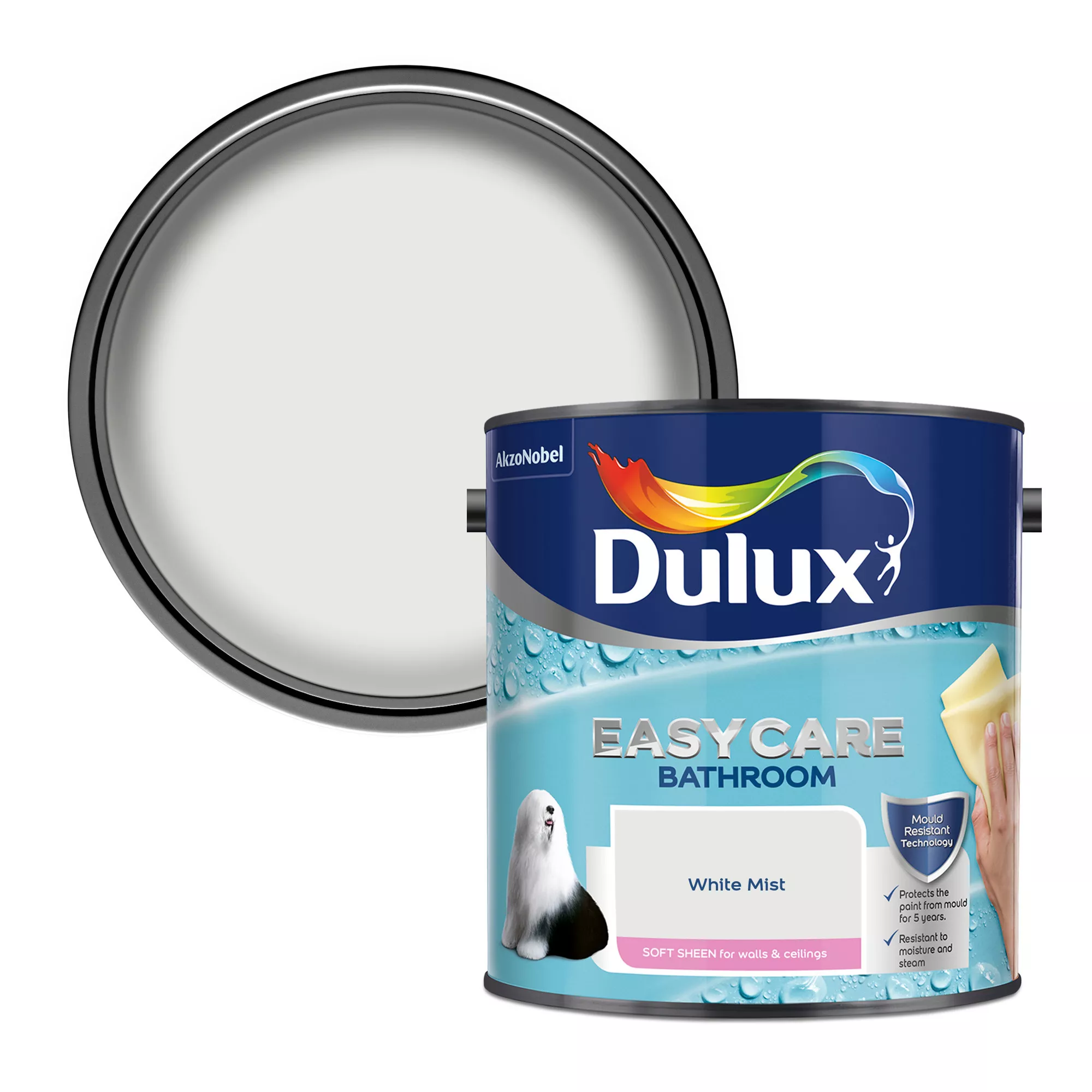 Dulux Easycare Bathroom White Mist Soft Sheen Wall Paint, 2.5L 3 Dulux Easycare Bathroom White Mist Soft Sheen Wall Paint, 2.5L