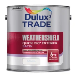 Dulux Trade Pure Brilliant White Satinwood Exterior Metal & Wood Paint, 2.5L -Home Paint Store dulux trade pure brilliant white satinwood exterior metal wood paint 2 5l5010212452653 08c bq