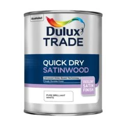 Dulux Trade Quickdry Pure Brilliant White Satinwood Metal & Wood Paint, 1L -Home Paint Store dulux trade quickdry pure brilliant white satinwood metal wood paint 1l5010212611371 08c bq