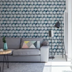 Fresco Maya Blue & Cream Geometric Smooth Wallpaper -Home Paint Store fresco maya blue cream geometric smooth wallpaper5011583454260 01i BQ