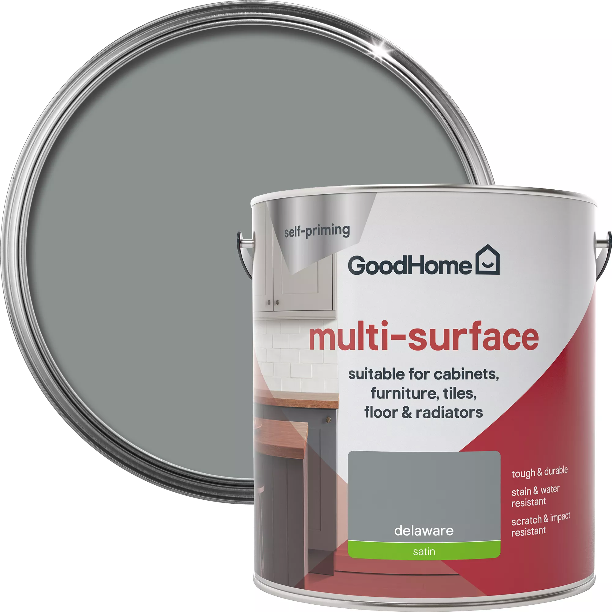 GoodHome Durable Delaware Satin Multi-surface Paint, 2L 3 GoodHome Durable Delaware Satin Multi-surface Paint, 2L