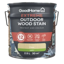 GoodHome Extreme Outdoor Clear Satin Quick Dry Wood Stain, 2.5L -Home Paint Store goodhome extreme outdoor clear satin quick dry wood stain 2 5l5059340297552 02c