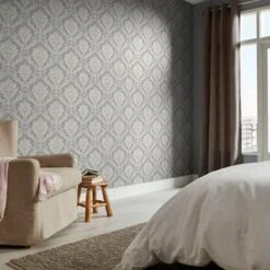 GoodHome Mire Grey Damask Woven Effect Textured Wallpaper -Home Paint Store goodhome mire grey damask woven effect textured wallpaper3663602559887 02i bq