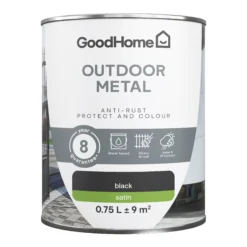 GoodHome Outdoor Black Satinwood Exterior Metal Paint, 750ml Tin 9 GoodHome Outdoor Black Satinwood Exterior Metal Paint, 750ml Tin -Home Paint Store goodhome outdoor black satinwood exterior metal paint 750ml tin5059340296050 02c