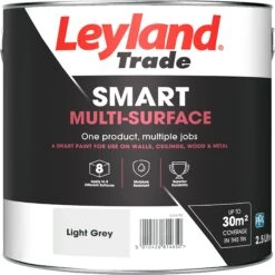 Leyland Trade Smart Light Grey Mid Sheen Multi-surface Paint, 2.5L -Home Paint Store leyland trade smart light grey mid sheen multi surface paint 2 5l5010426814650 02c bq