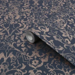 Next Majestic Damask Navy Metallic Effect Smooth Wallpaper