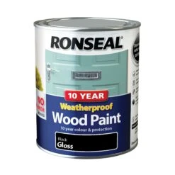 Ronseal 10 Year Weatherproof Wood Paint Black Gloss Exterior Wood Paint, 750ml Tin