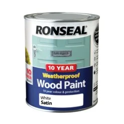 Ronseal 10 Year Weatherproof Wood Paint White Satin Exterior Wood Paint, 750ml Tin