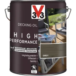 V33 High Performance Grey UV Resistant Decking Wood Oil, 5L -Home Paint Store v33 high performance grey uv resistant decking wood oil 5l3153895164436 03c