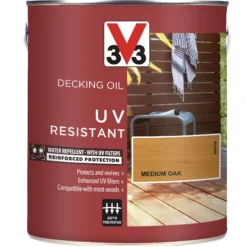 V33 Medium Oak UV Resistant Decking Wood Oil, 2.5L -Home Paint Store v33 medium oak uv resistant decking wood oil 2 5l3153895163071 08c bq