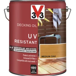 V33 Medium Oak UV Resistant Decking Wood Oil, 5L -Home Paint Store v33 medium oak uv resistant decking wood oil 5l3153895163101 08c bq
