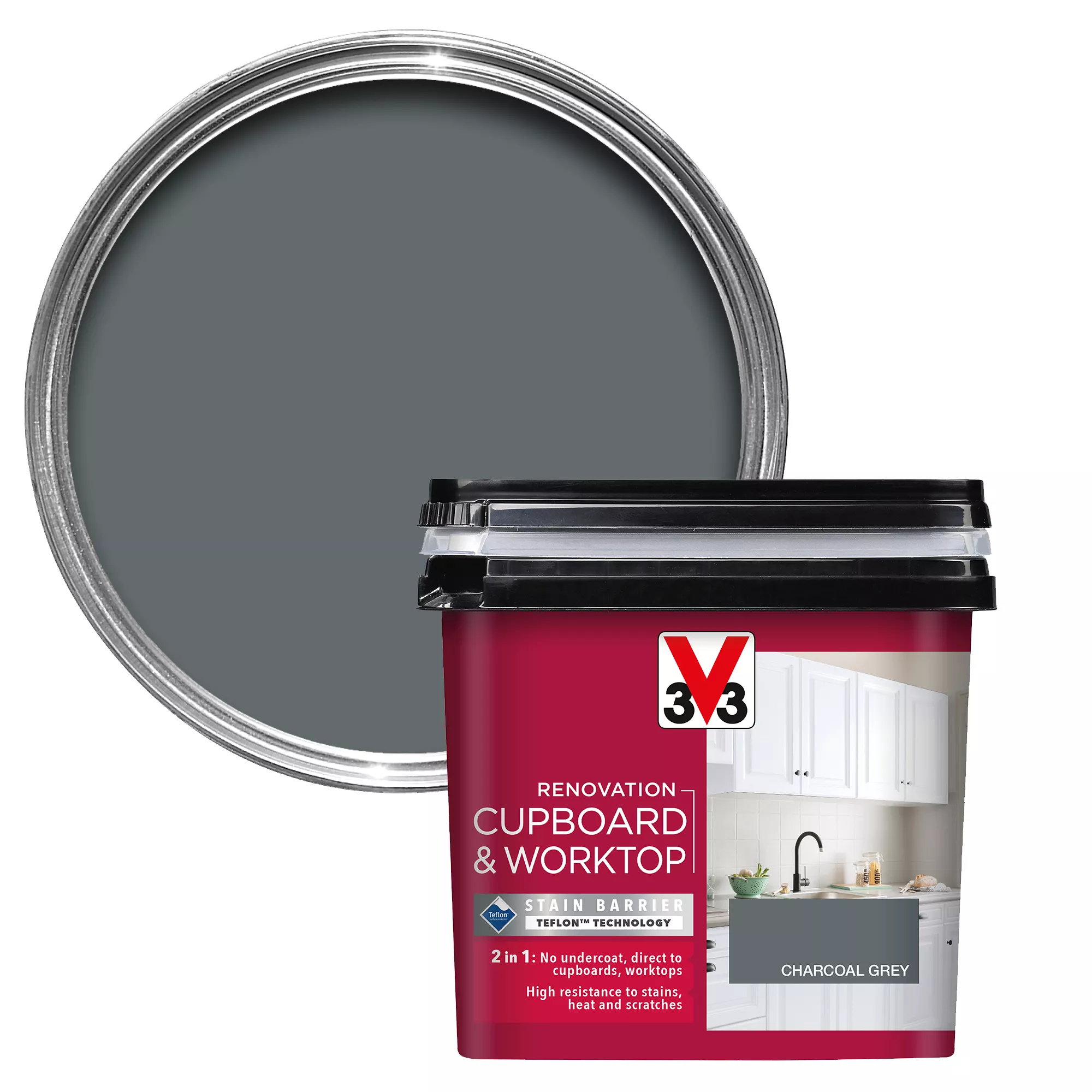 V33 Renovation Charcoal Grey Satinwood Cupboard & Cabinet Paint, 750ml 3 V33 Renovation Charcoal Grey Satinwood Cupboard & Cabinet Paint, 750ml