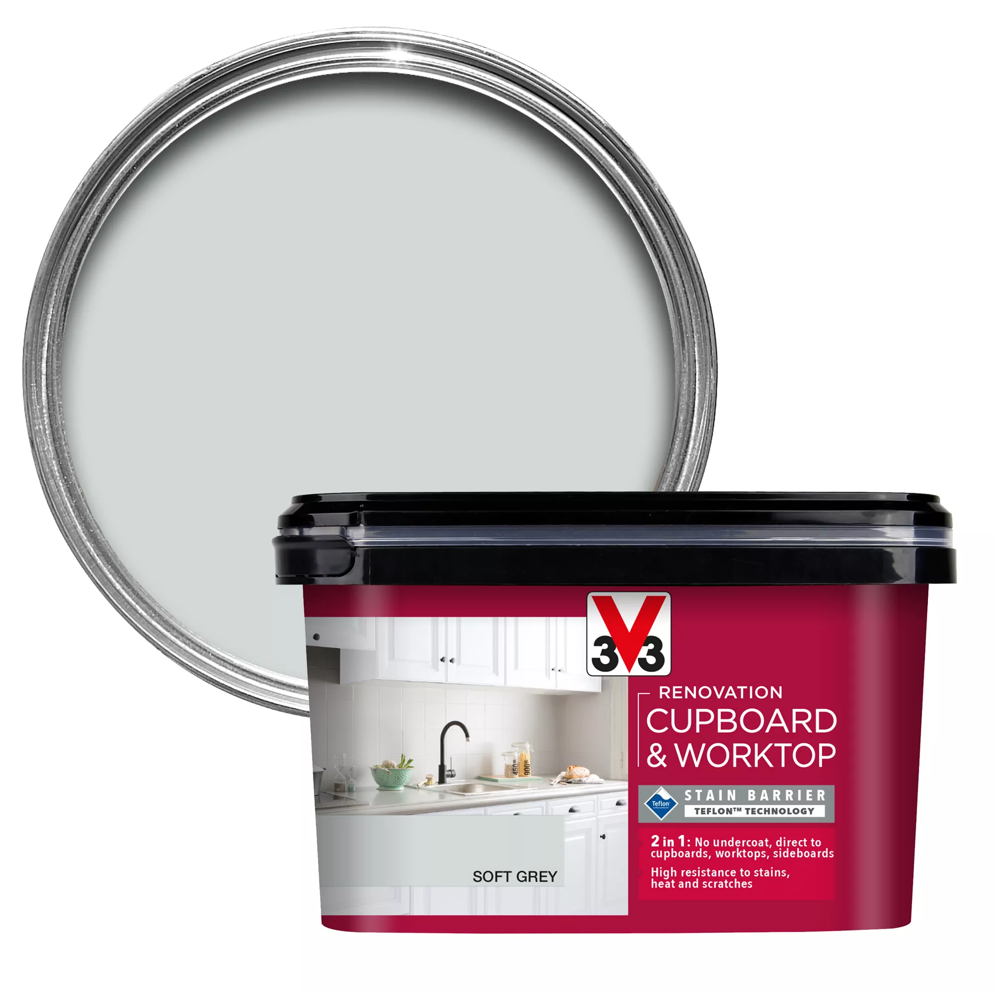 V33 Renovation Soft Grey Satinwood Cupboard & Cabinet Paint, 2L 3 V33 Renovation Soft Grey Satinwood Cupboard & Cabinet Paint, 2L