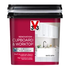 V33 Renovation White Satinwood Cupboard & Cabinet Paint, 750ml -Home Paint Store v33 renovation white satinwood cupboard cabinet paint 750ml3153895180955 08c bq