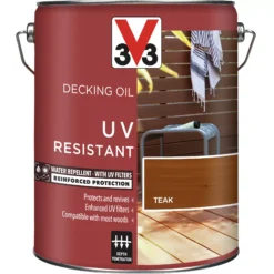 V33 Teak UV Resistant Decking Wood Oil, 5L -Home Paint Store v33 teak uv resistant decking wood oil 5l3153895163118 08c bq